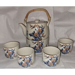 Armbee Ceramic Teapot, 4 Cups & Warmer Base Set Bamboo Floral Motif